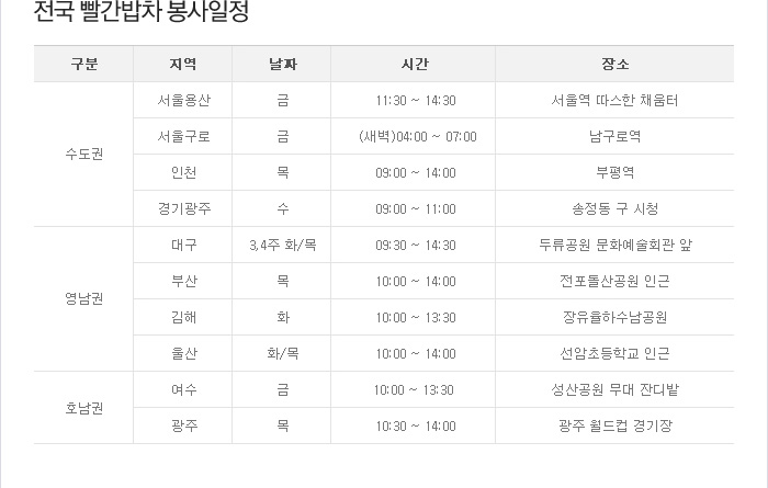 전국 빨간밥차 봉사일정