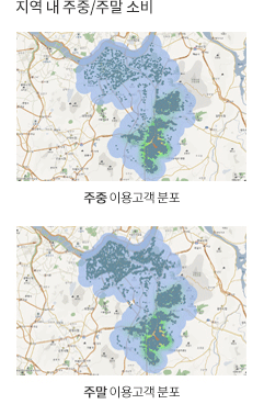 지역 내 주중/주말 소비를 시각화 한 지도 입니다. 위: 주중 이용고객 분포/아래: 주말 이용고객 분포