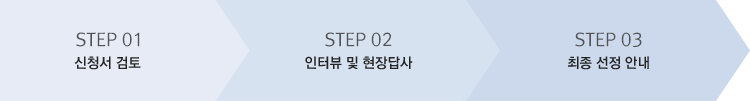 STEP 01 신청서 검토, STEP 02 인터뷰 및 현장답사, STEP 03 최종 선정 안내