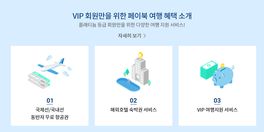 VIP 회원만을 위한 페이북 여행 혜택 소개 - 플래티늄 등급 회원만을 위한 다양한 여행 지원 서비스! 자세히 보기 > | 01 국제선/국내선 동반자 무료 항공권, 02 해외호텔 숙박권 서비스, 03 VIP 여행지원 서비스