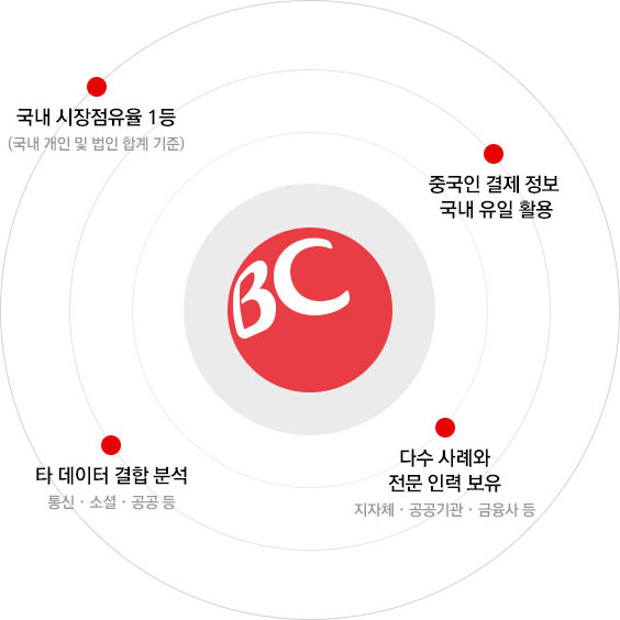 국내 시장점유율 1등(국내 개인 및 법인 합계 기준), 중국인 결제 정보 국내 유일 활용, 다수 사례와 전문 인력 보유 지자체·공공기간·금융사등, 타 데이터 결합 분석 통신·소셜·공공 등