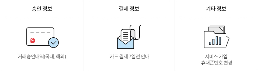 승인 정보-거래승인내역(국내, 해외) / 결제 정보-카드 결제 7일전 안내 / 기타 정보-서비스 가입, 휴대폰번호 변경