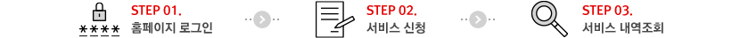 STEP 01 홈페이지 로그인 → STEP 02 서비스 신청 → STEP 03 서비스 내역 조회